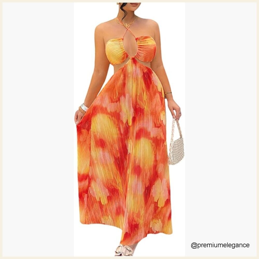 Tie Dye Halter Maxi Dress Sleeveless Backless Boho Beach Vacation